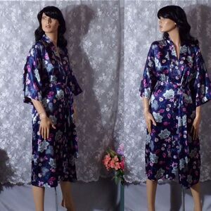 Vintage 80s Floral Robe 1980s Kimono Style Blue Purple Spring Lotus Size Medium